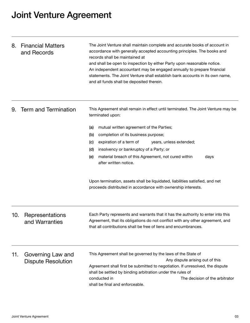 Joint Venture Agreement detailing contributions, ownership interests, profit-sharing and governance