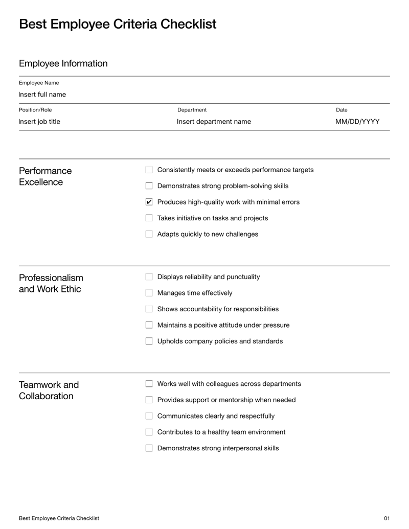 Best Employee Criteria Checklist outlining performance, professionalism, teamwork, innovation and leadership criteria for evaluating employees