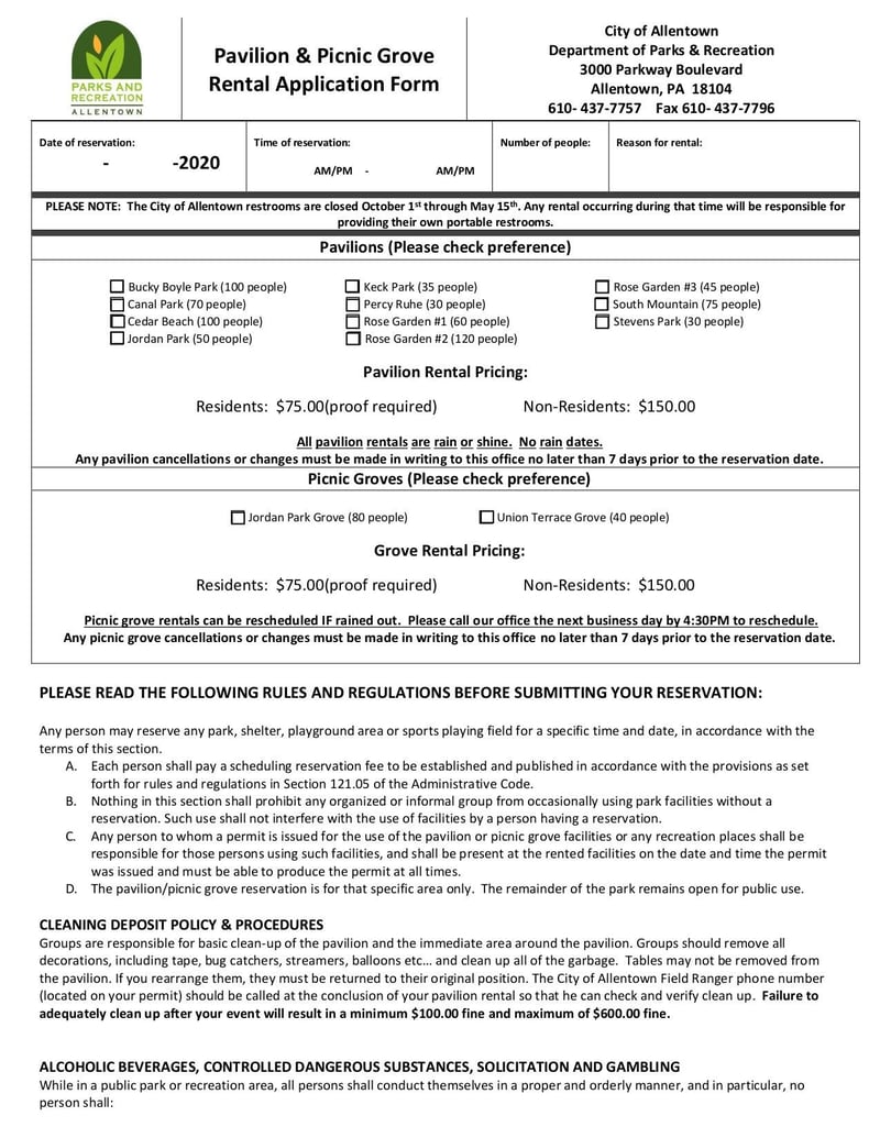 Large thumbnail of Pavilion & Picnic Grove Rental Application Form - Dec 2019