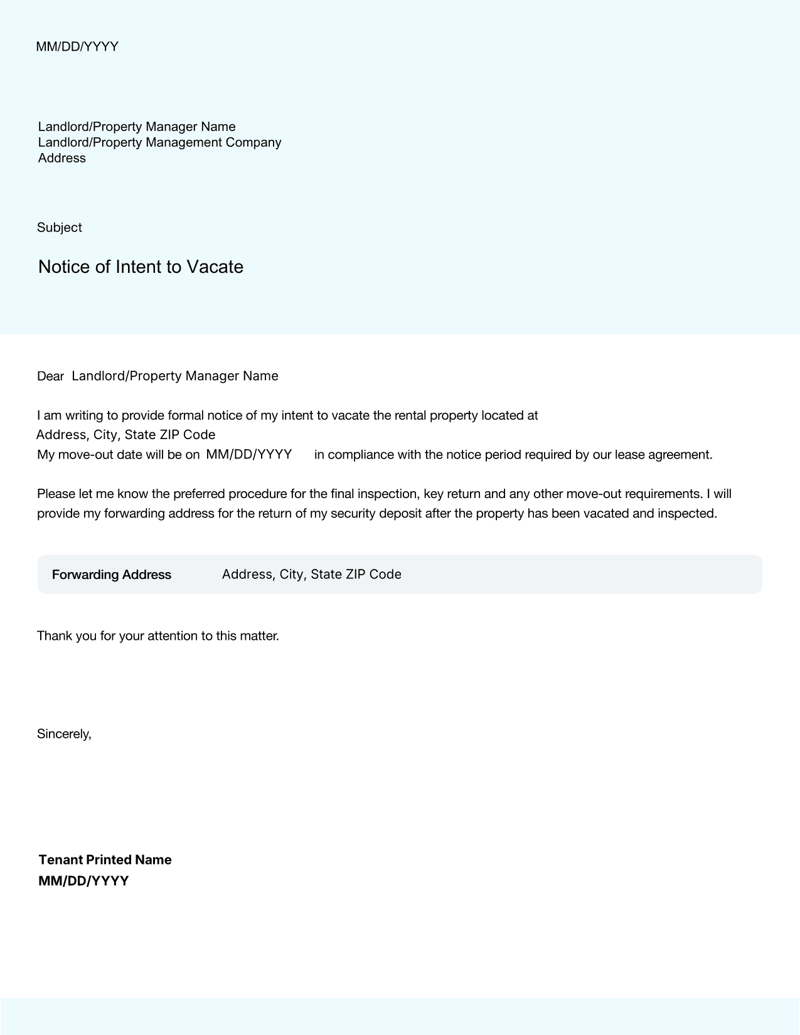 Notice of Intent to Vacate form with tenant and landlord details