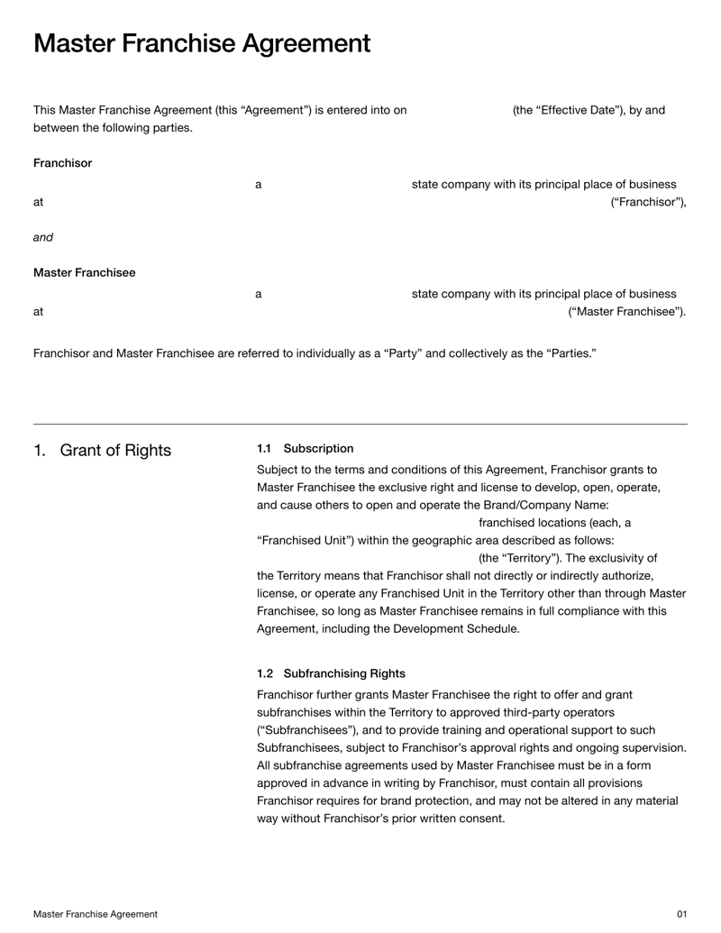 Master Franchise Agreement granting territorial and subfranchise rights with terms on fees, obligations and brand compliance