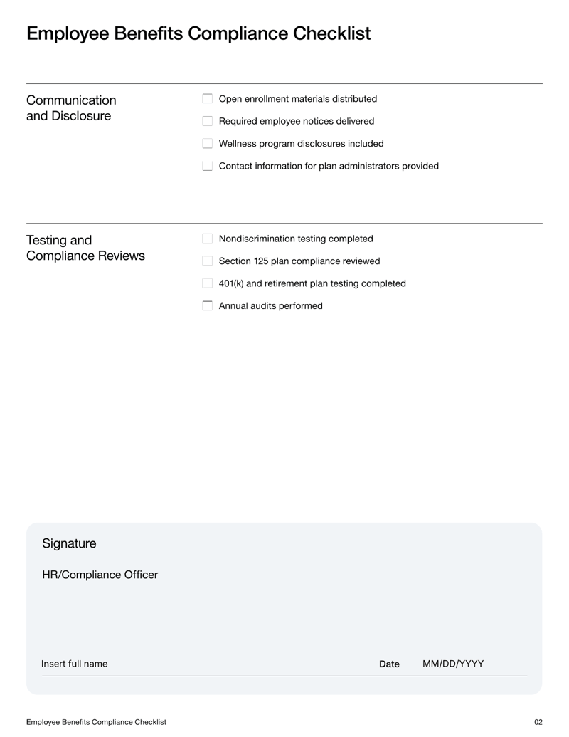 Employee Benefits Compliance Checklist with sections for documentation, regulatory requirements, benefits administration and testing