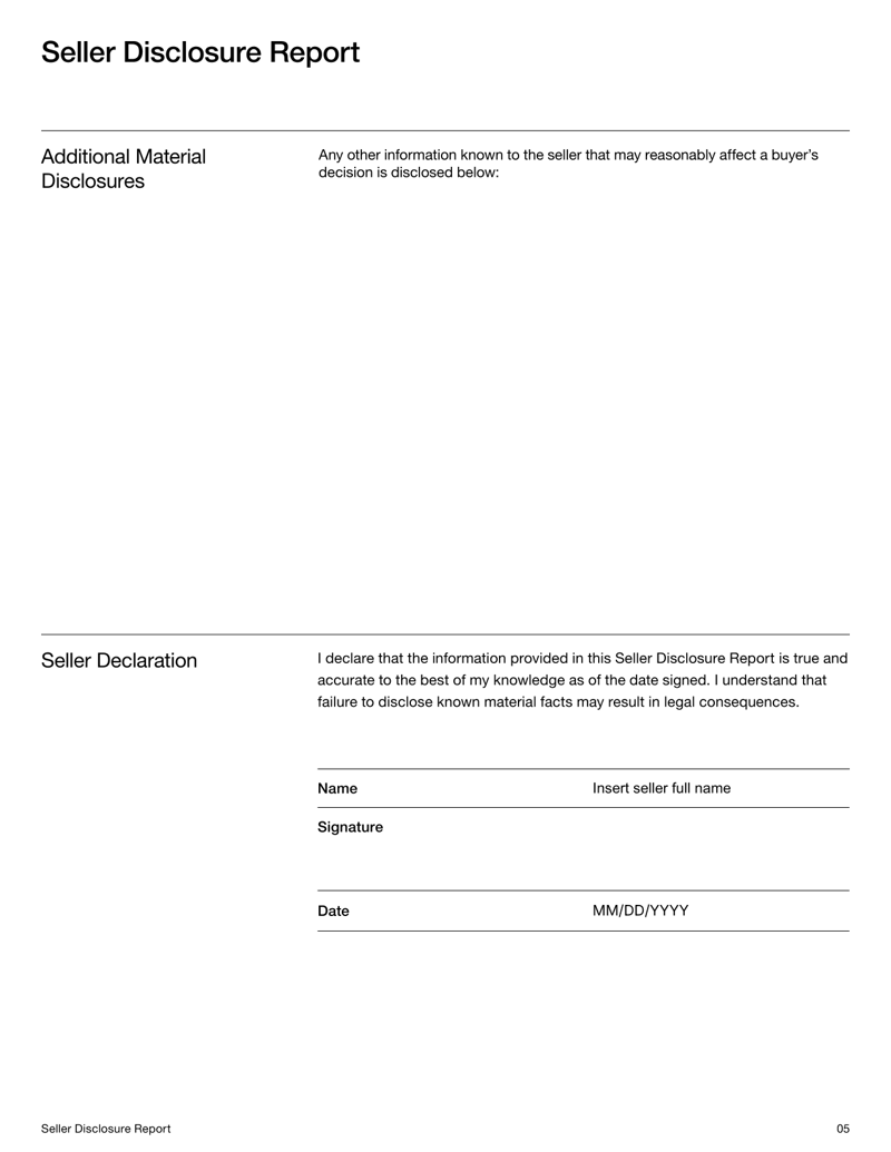 Seller Disclosure Report document with narrative sections for property condition, systems, repairs, legal matters and seller declaration