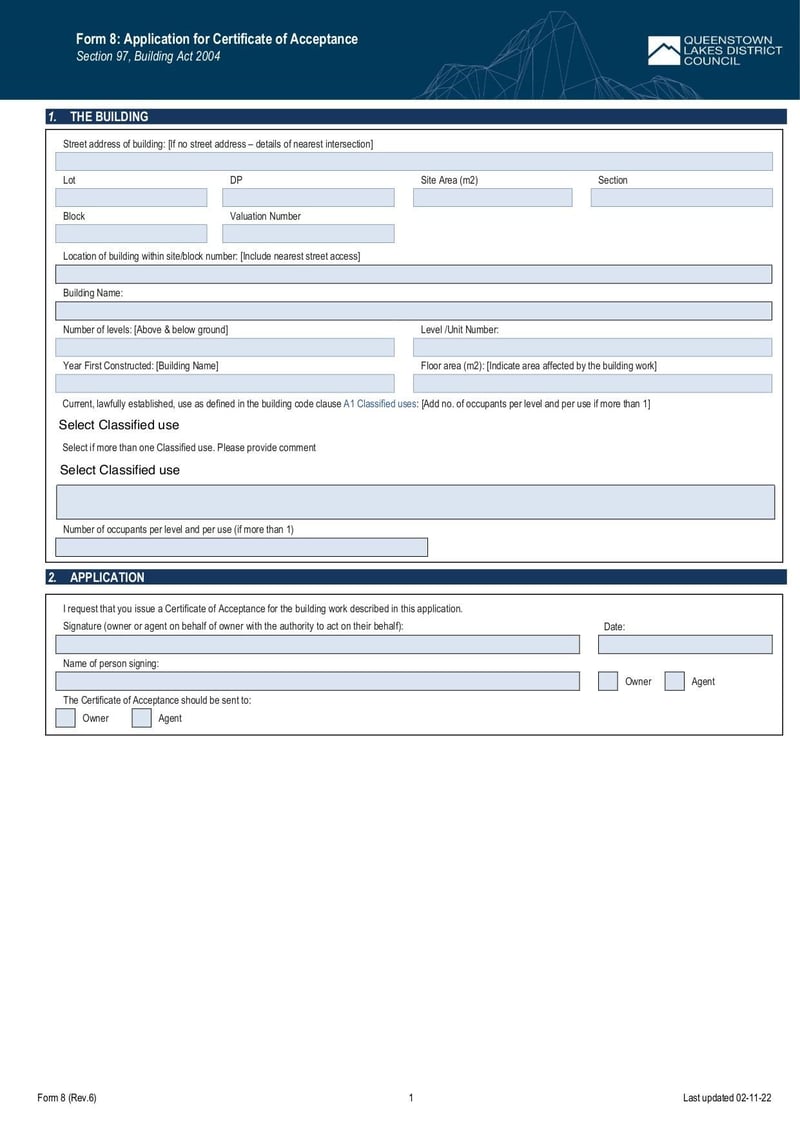 Large thumbnail of Form 8 Certificate of Acceptance Application Form - Nov 2022