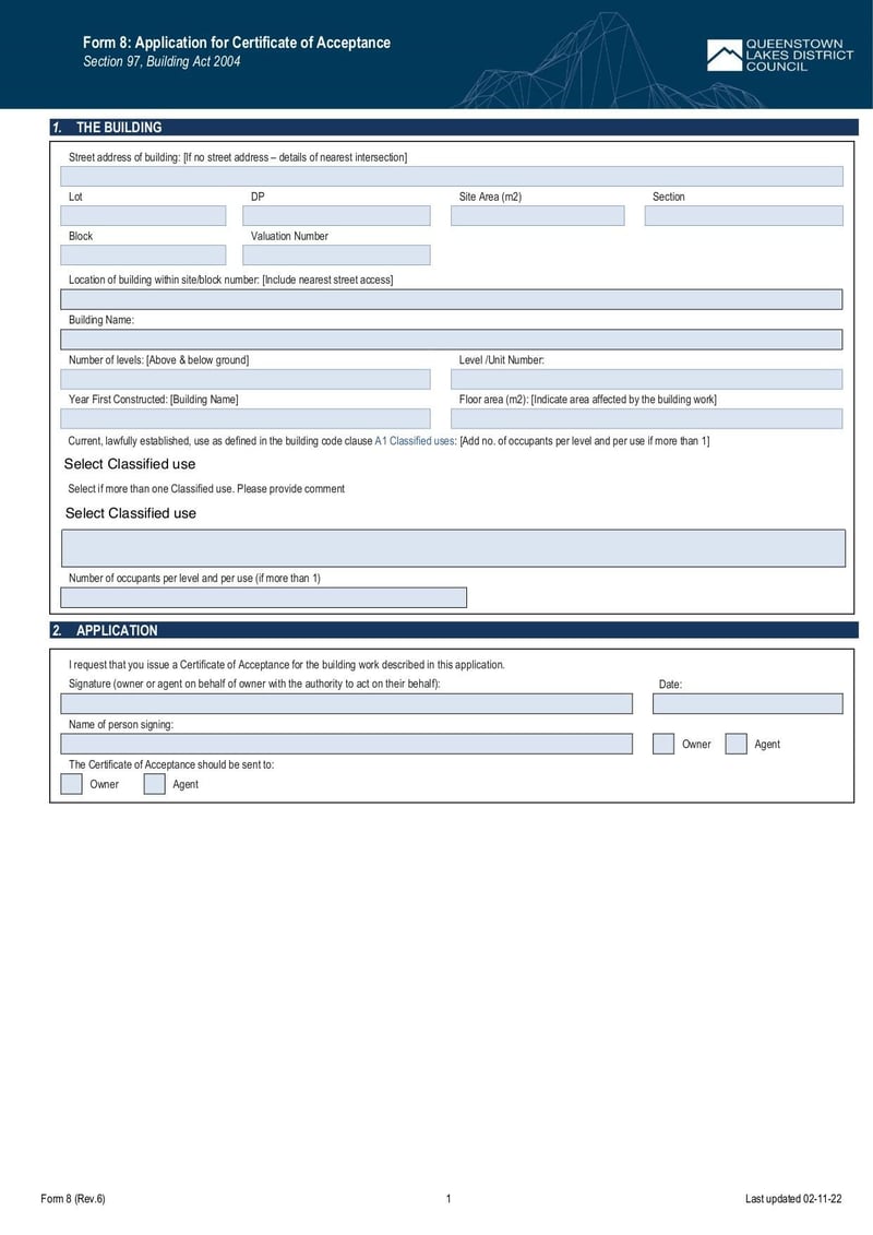 Thumbnail of Form 8 Certificate of Acceptance Application Form - Nov 2022 - page 0