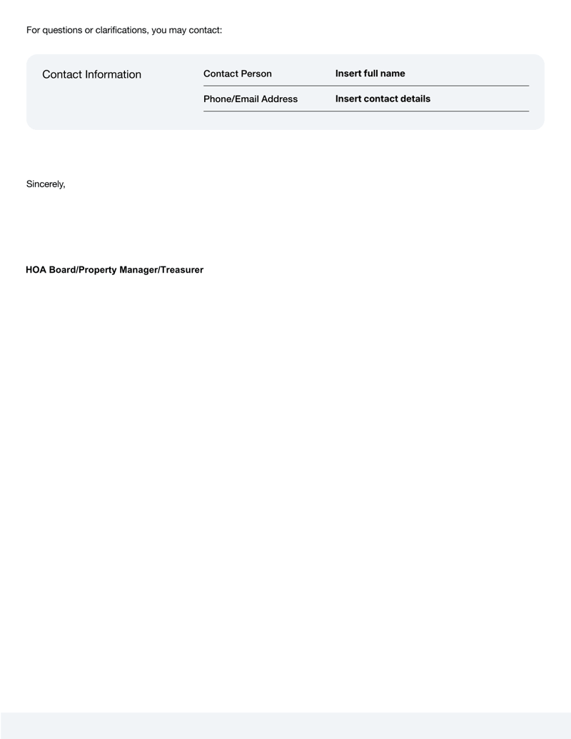 HOA Dues Letter with sections for payment amount, due date, late fees and updated dues notice