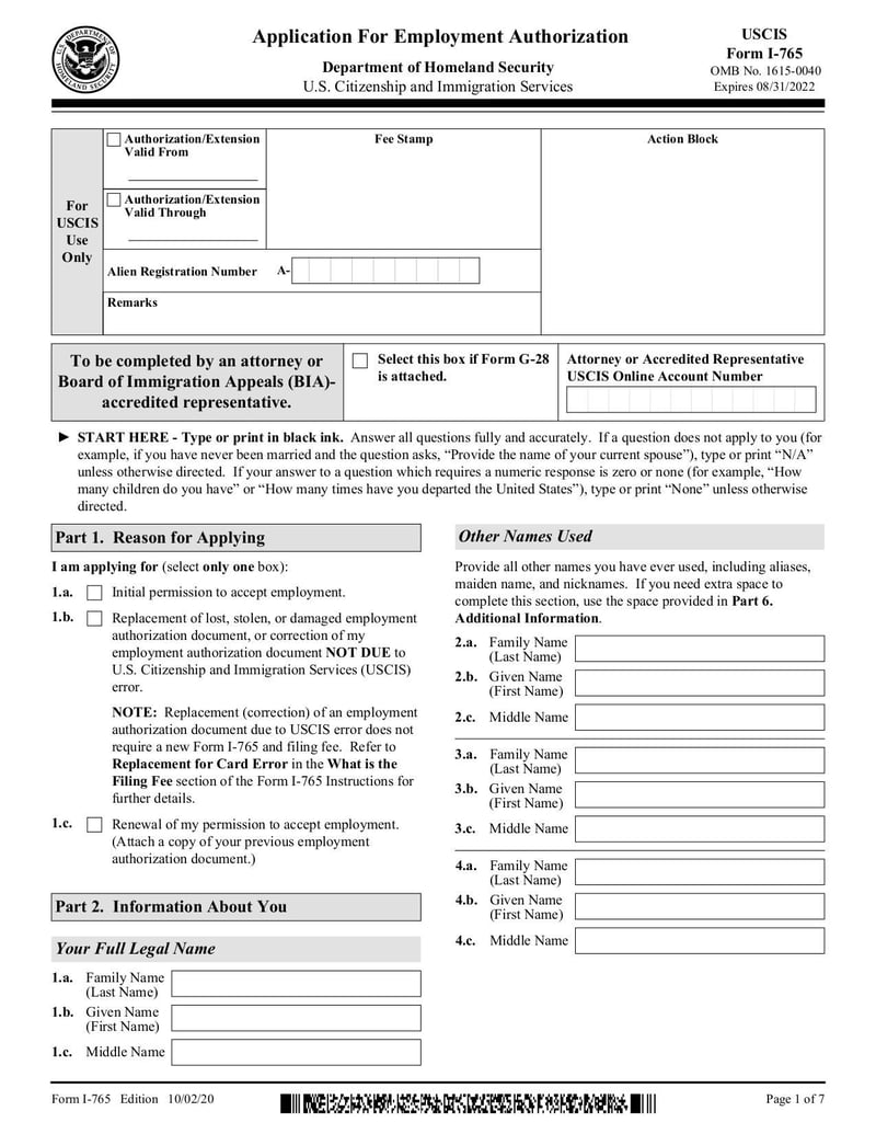 Large thumbnail of Form I-765 - Feb 2020