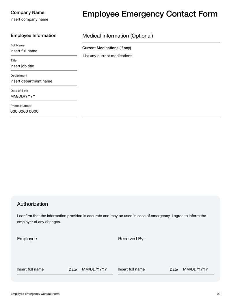 Employee Emergency Contact Form with sections for contact names, relationships, phone numbers, optional medical information and employee signature