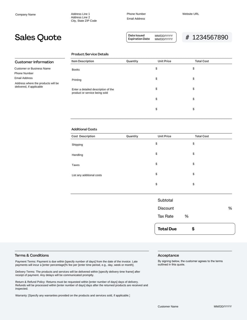 Sales Quote for offering a breakdown of pricing and terms before a sale