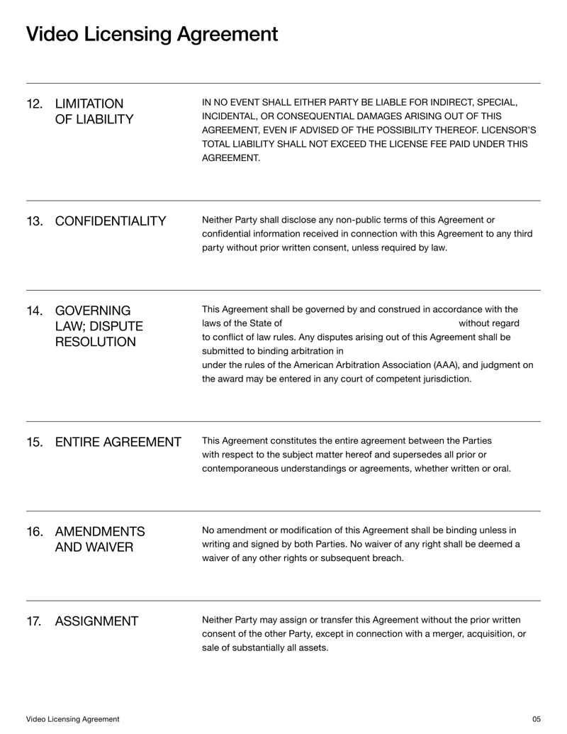 Video Licensing Agreement detailing license terms, usage rights, and restrictions