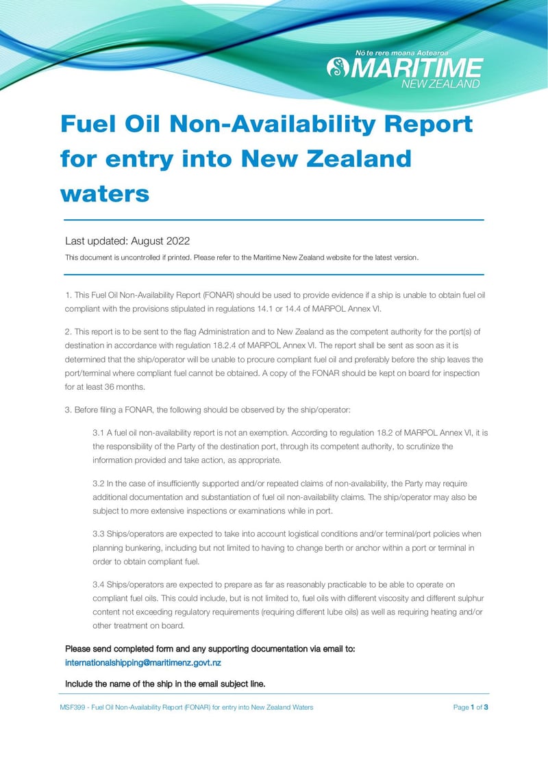Thumbnail of Fuel Oil Non Availability Report Entry NZ Waters - Aug 2022 - page 0
