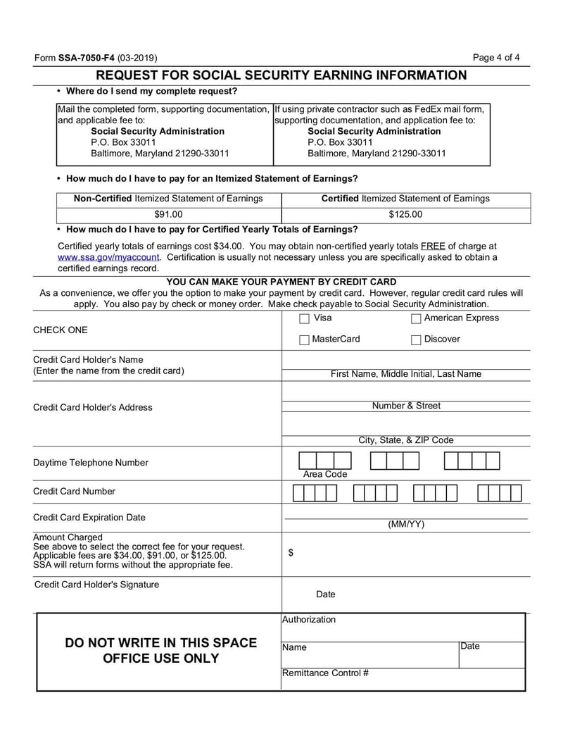 Large thumbnail of Request for Social Security Earnings Information (Form SSA-7050-F4) - Mar 2019
