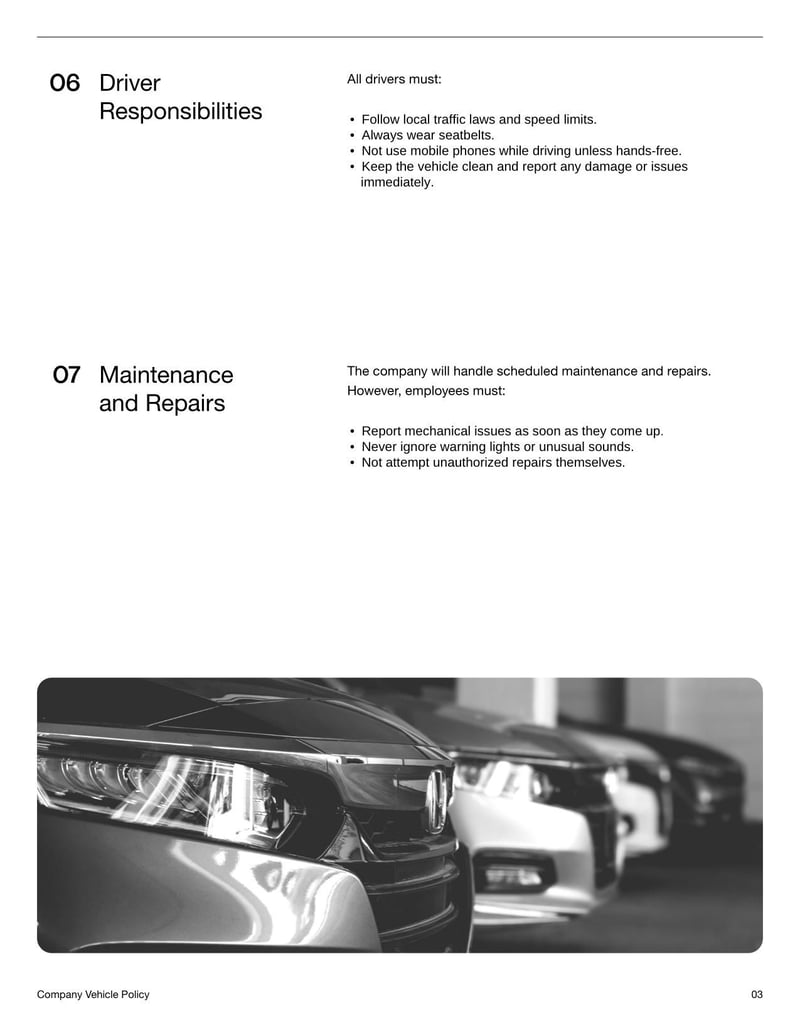 Company Vehicle Policy for establishing guidelines on employee use of company-owned vehicles