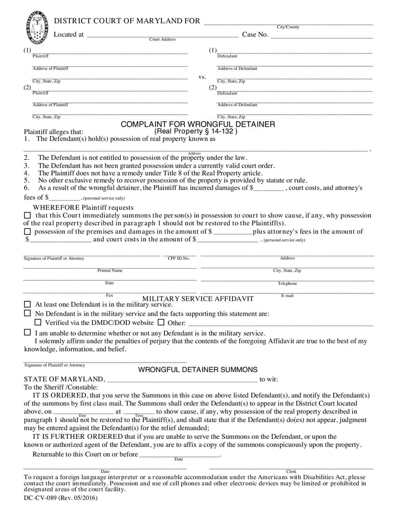 Large thumbnail of Maryland District Court Civil Forms - DC-CV-089 - Sep 2017