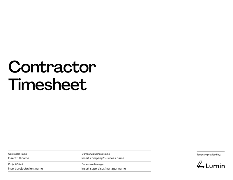Contractor Timesheet with sections for contractor information, daily hours, tasks and supervisor approval