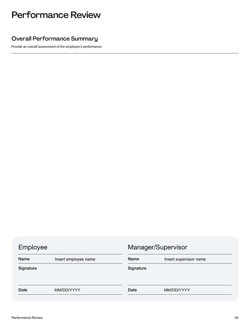 Performance Review Template for evaluating employee performance and setting future goals
