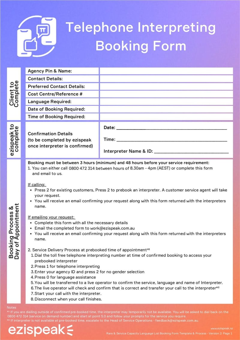 Thumbnail of Telephone Interpreter Booking Form - Sep 2021 - page 0
