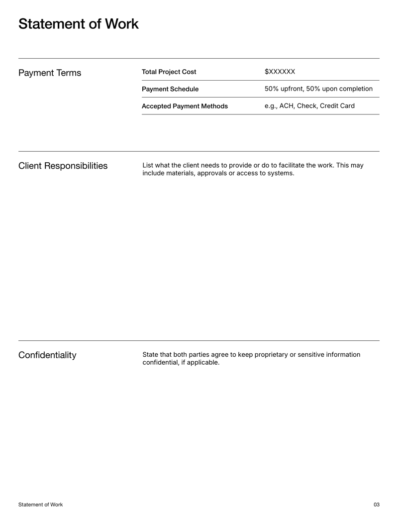Statement of Work Template for outlining project scope, deliverables and terms