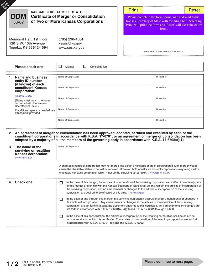 Large thumbnail of Certificate of Merger or Consolidation of Two or More Kansas Corporations - Oct 2017