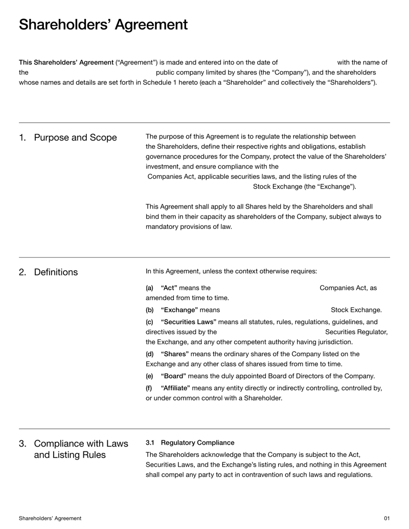 Shareholders’ Agreement (Public Company) covering shareholder rights, governance, dividends, voting and dispute resolution