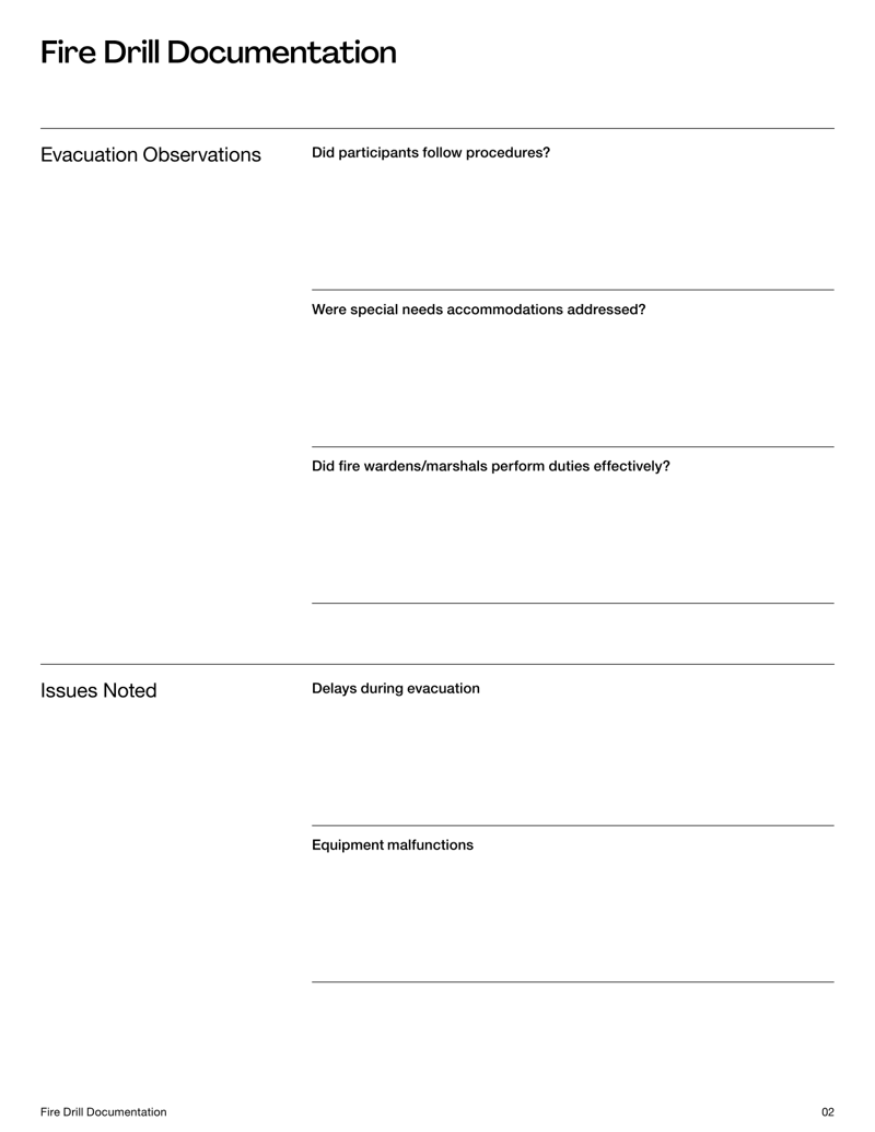 Fire Drill Documentation with sections for drill details, observations and corrective actions
