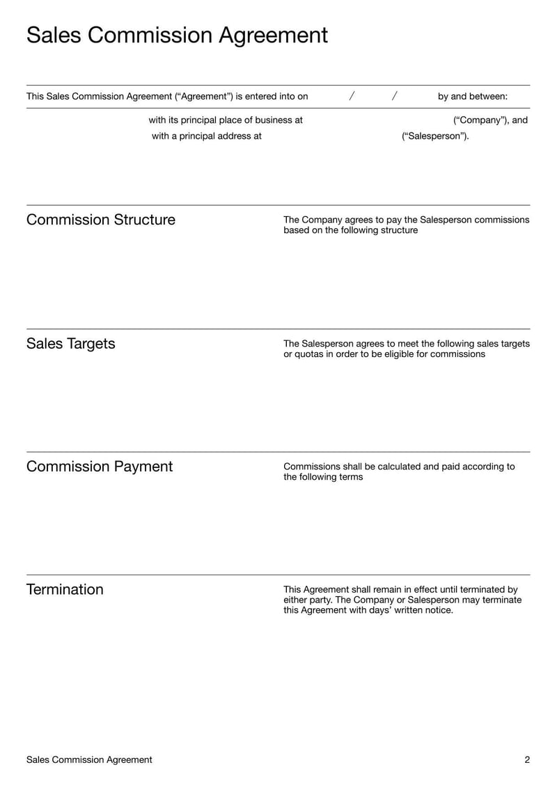 Sales Commission Agreement outlining terms for compensating sales representatives based on performance