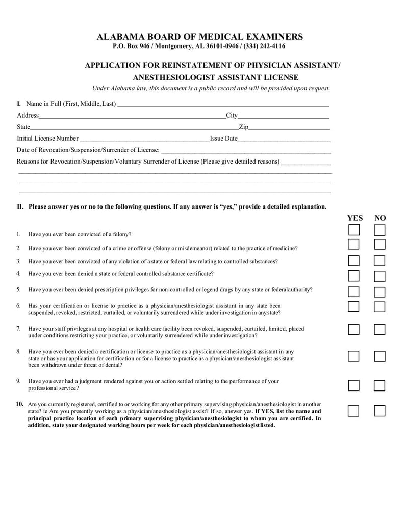Application for Reinstatement of Physician Assistant 