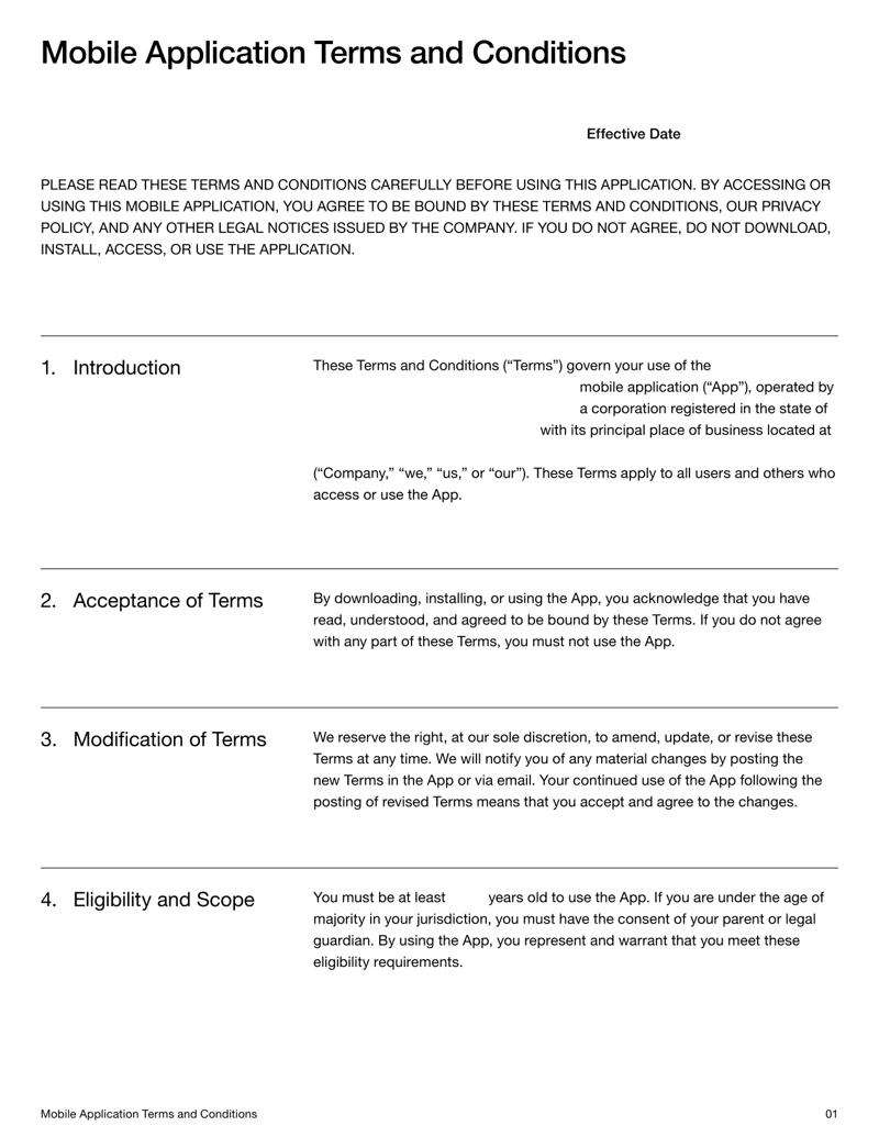 Mobile App Terms and Conditions setting app usage terms, privacy rules and user responsibilities