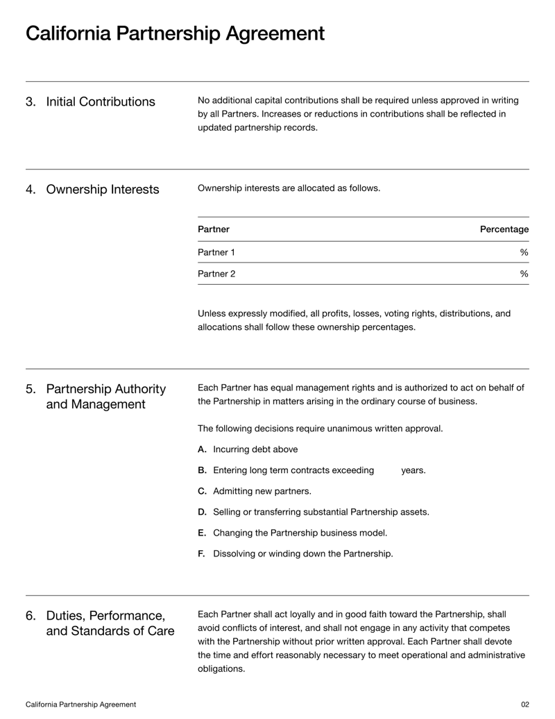 Partnership Agreement for California outlining formation, contributions, management rules and dissolution procedures