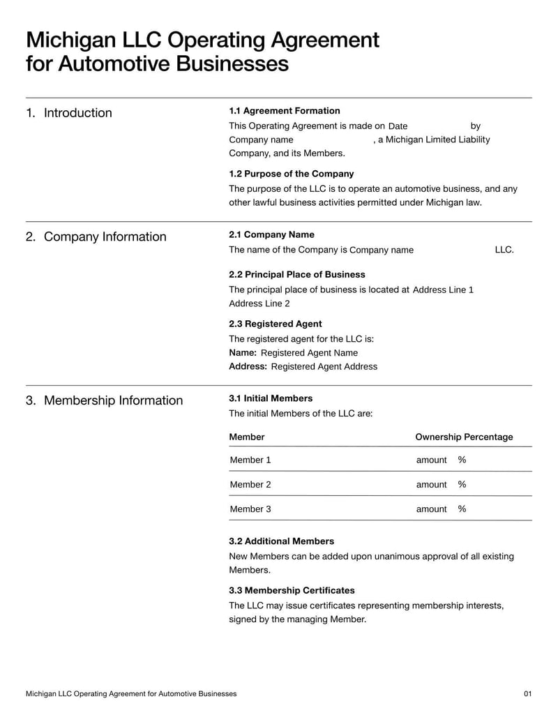 Michigan LLC Operating Agreement for Automotive Businesses outlining operations for a Michigan LLC in the automotive industry