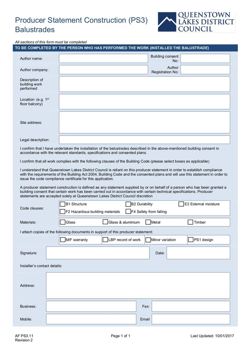 Large thumbnail of Producer Statement Construction (PS3) Balustrades - Oct 2017