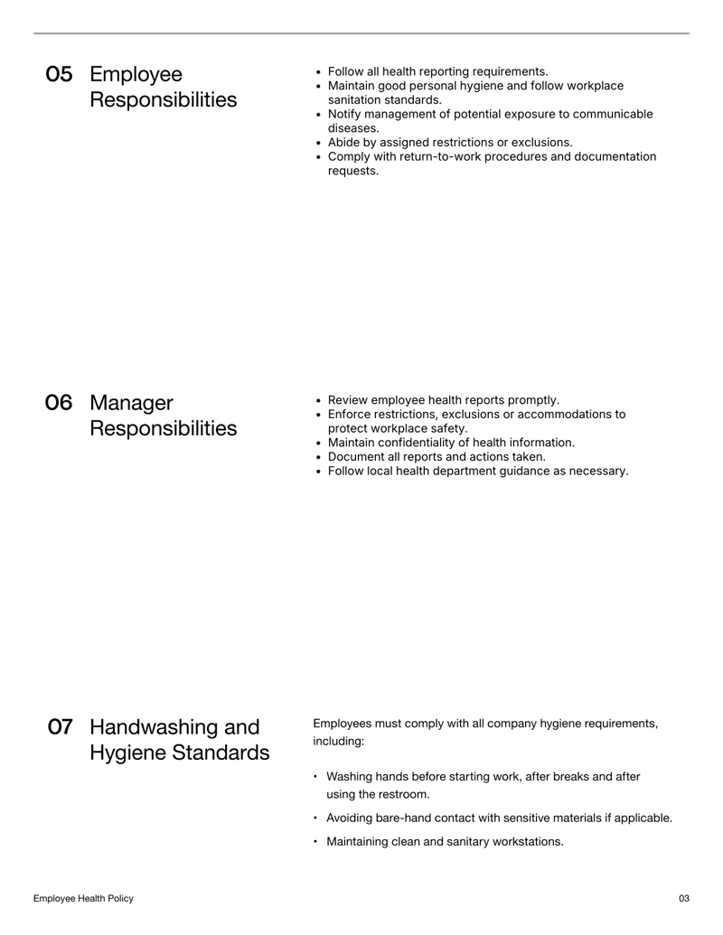 Employee Health Policy template with sections for reporting symptoms, workplace restrictions, hygiene rules and signature fields