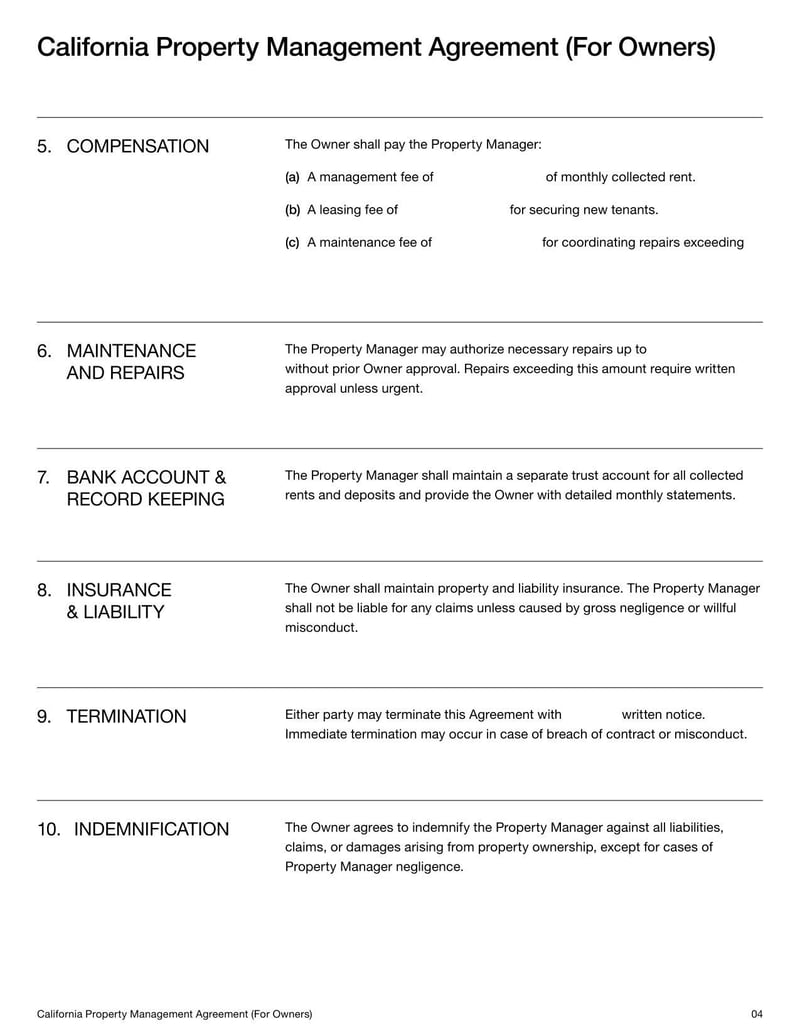Property Management Agreement for California property owners detailing terms for managing rental properties