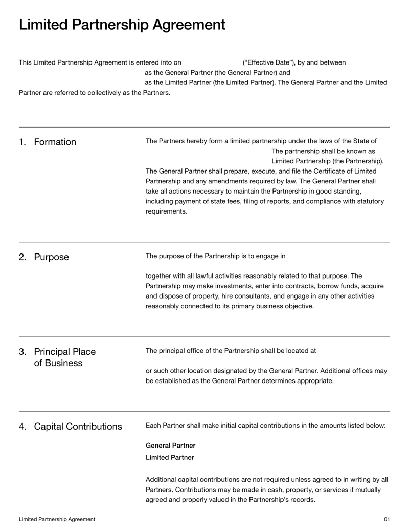 Limited Partnership Agreement outlining formation terms, partner roles, contributions and profit allocations