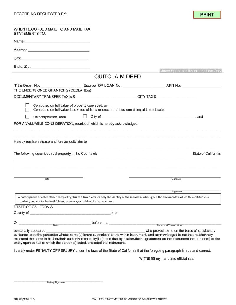 Large thumbnail of Quitclaim Deed Form - Mar 2015
