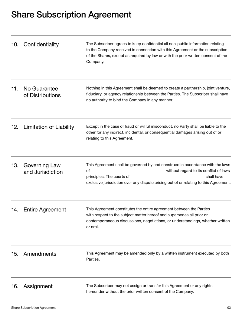 Share Subscription Agreement defining the issuance and purchase of shares, investment terms, investor rights, and compliance with US securities laws
