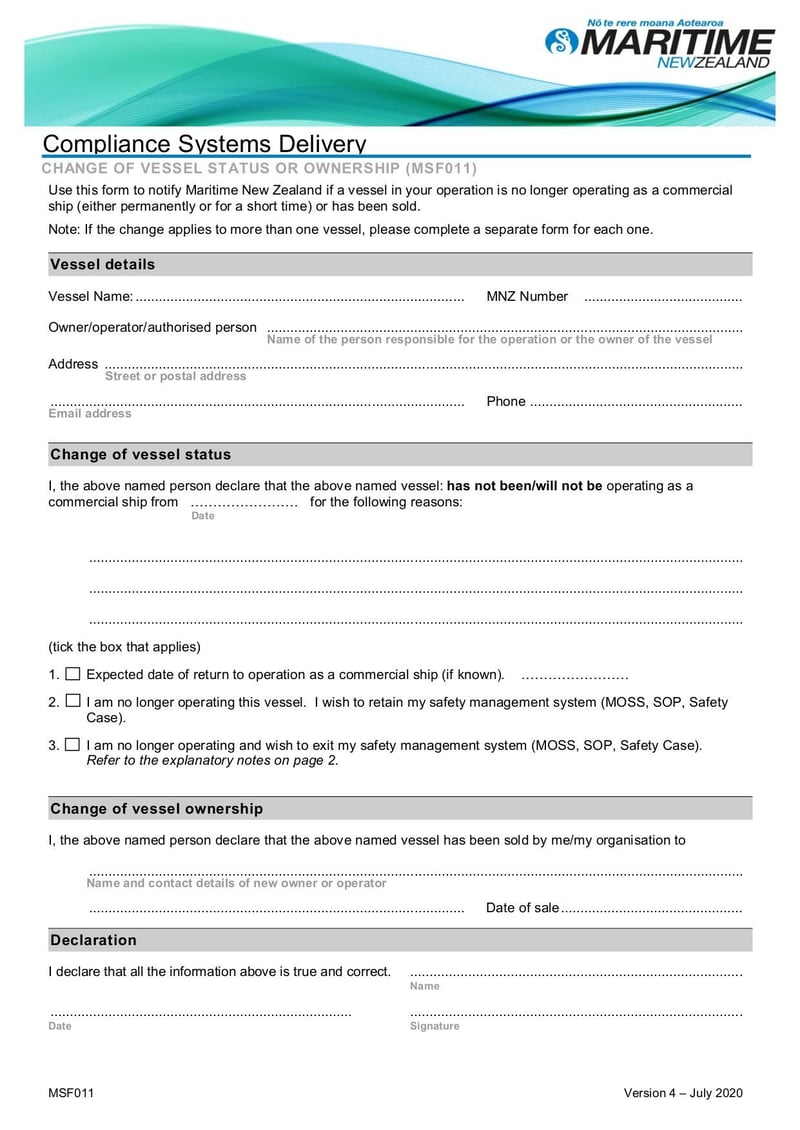 Large thumbnail of Form MSF011 Change of Vessel Status Ownership Form - Jul 2020