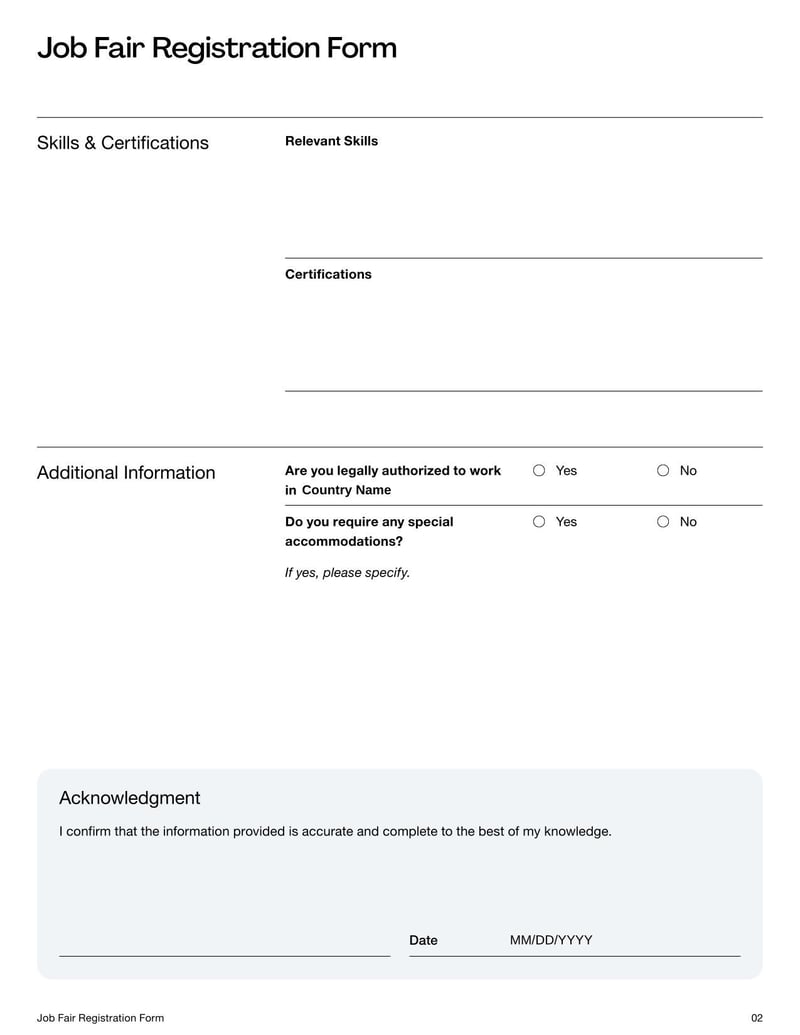 Job Fair Registration Form for signing up job seekers to participate in a hiring event