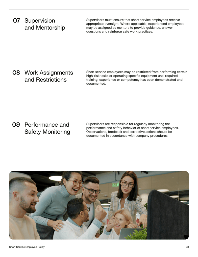 Short Service Employee Policy outlining onboarding, supervision, training requirements and acknowledgment section