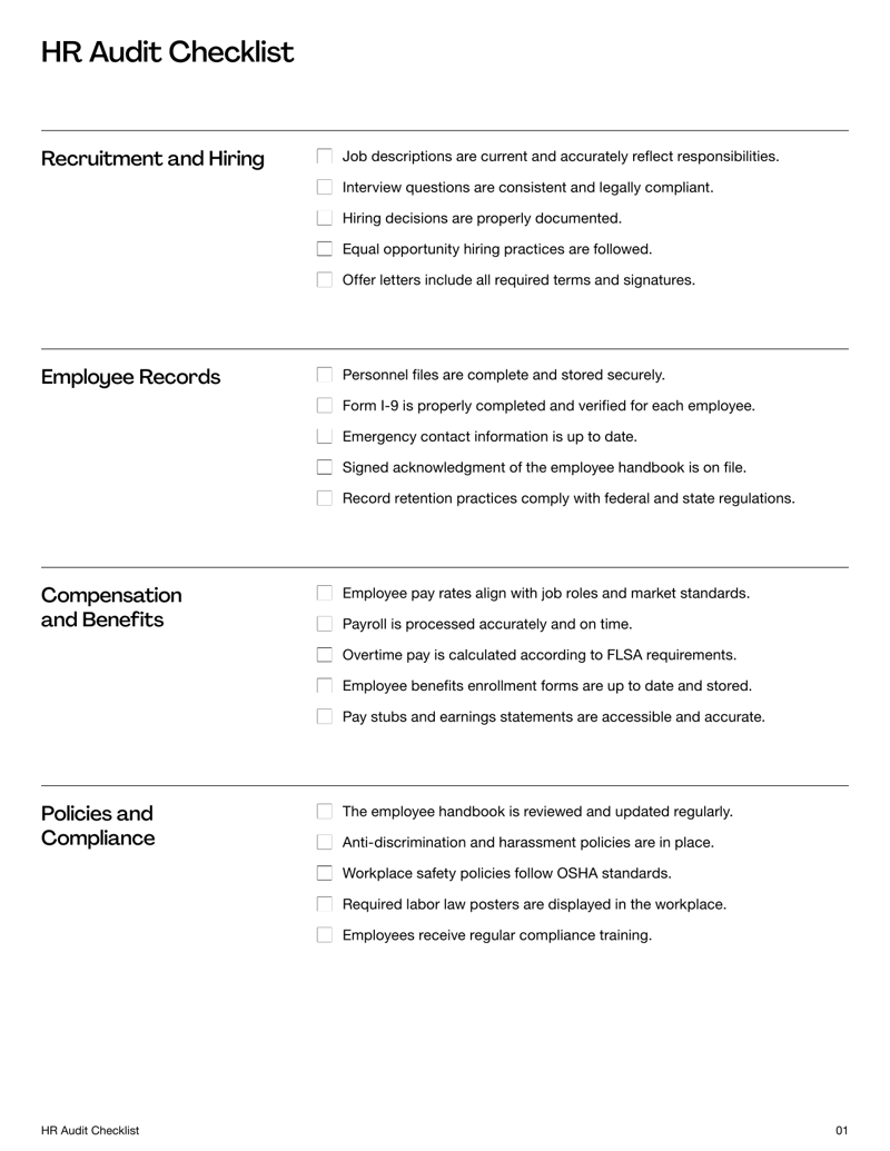 HR Audit Checklist form for reviewing compliance, payroll, hiring and internal HR processes