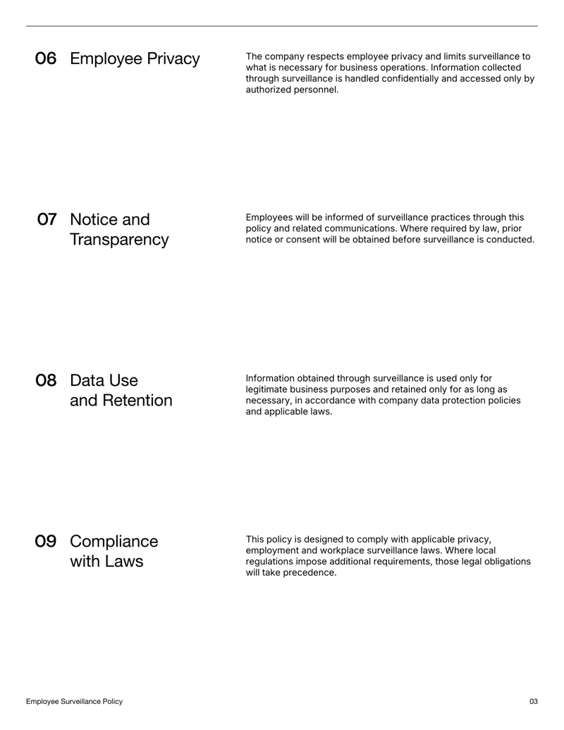 Employee Surveillance Policy document explaining workplace monitoring practices, privacy safeguards and acknowledgment section