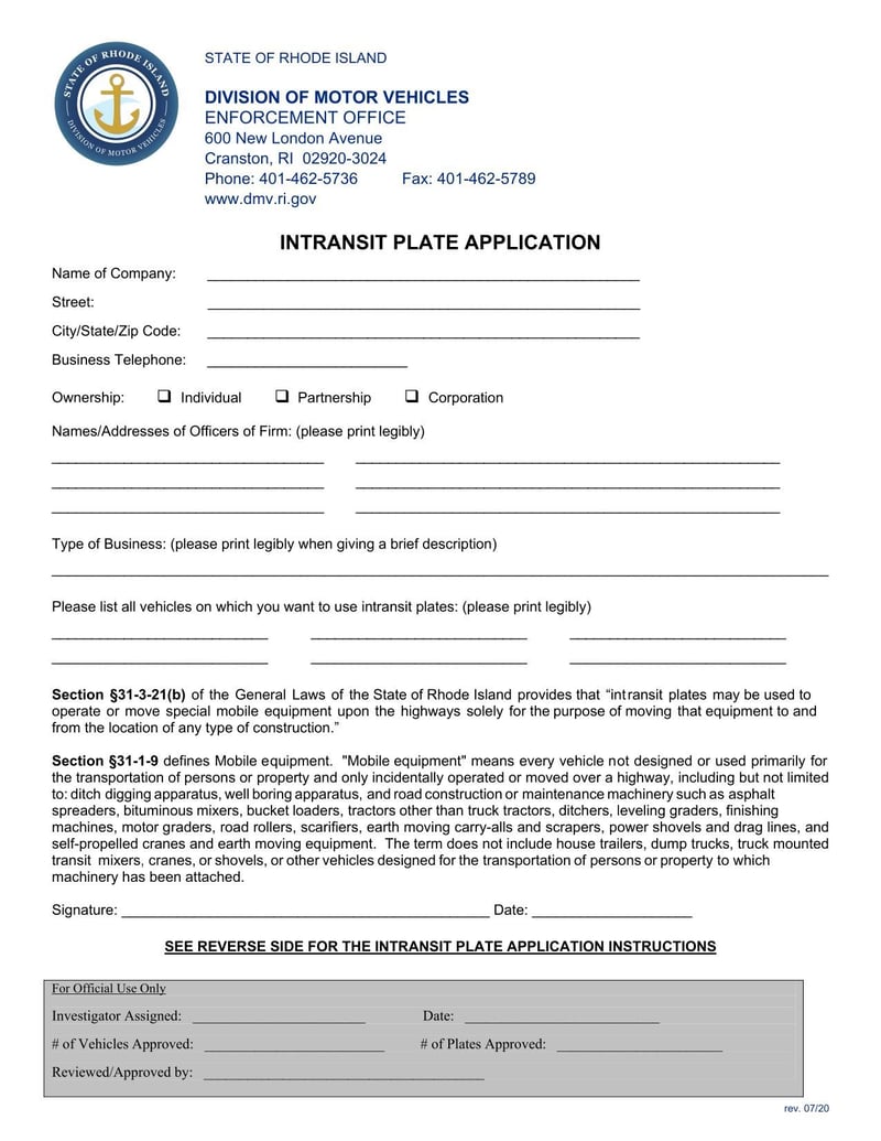 Large thumbnail of Rhode Island Intransit Plate Application