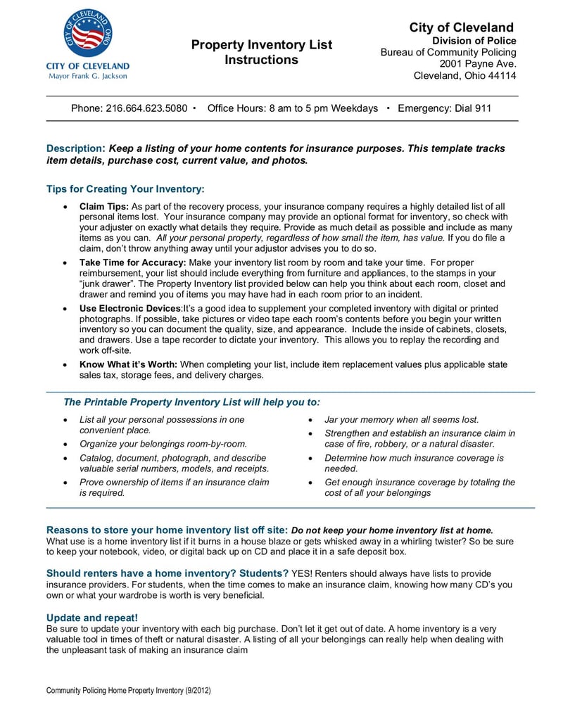 Large thumbnail of Home Inventory List Instructions and Checklist - Sep 2012