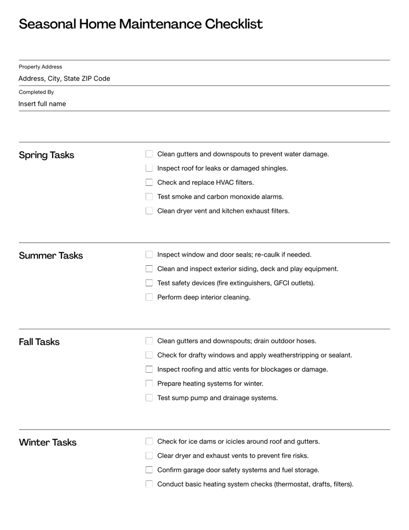 Seasonal Home Maintenance Checklist covering interior and exterior tasks such as gutter cleaning, HVAC filter replacement, roofing inspections and plumbing checks for year-round upkeep