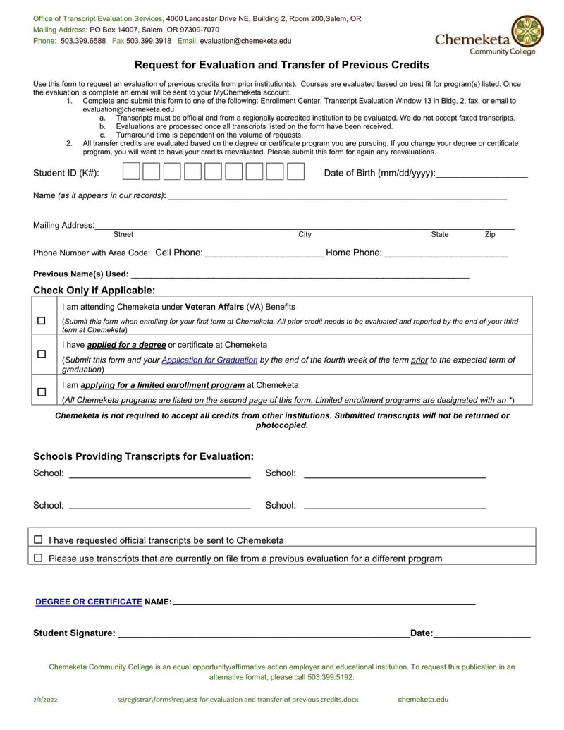 Large thumbnail of Chemeketa Community College Request for Evaluation and Transfer of Previous Credits