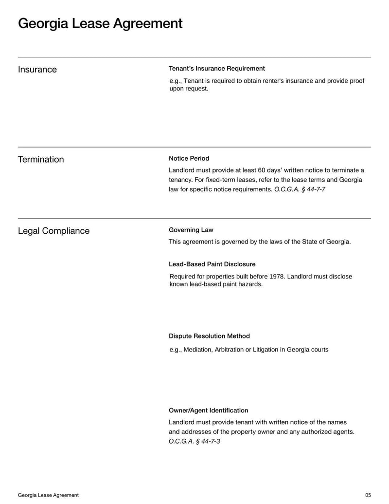 Georgia Lease Agreement for rental terms in Georgia