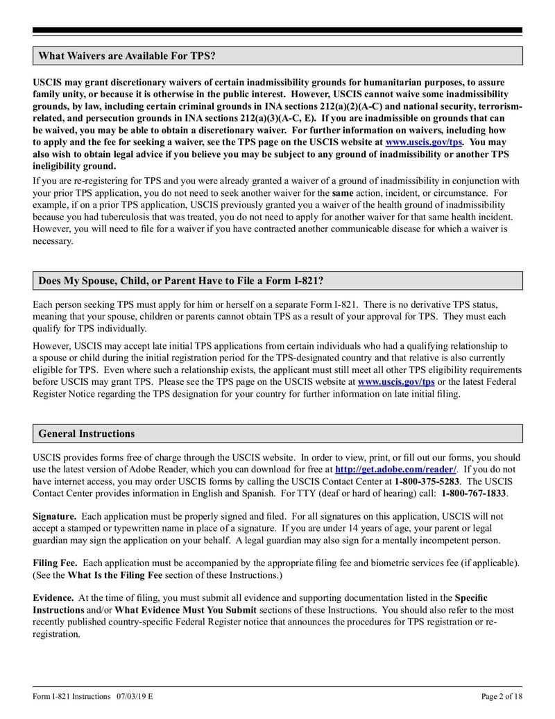 Large thumbnail of Instructions for Form I-821 - Jul 2019