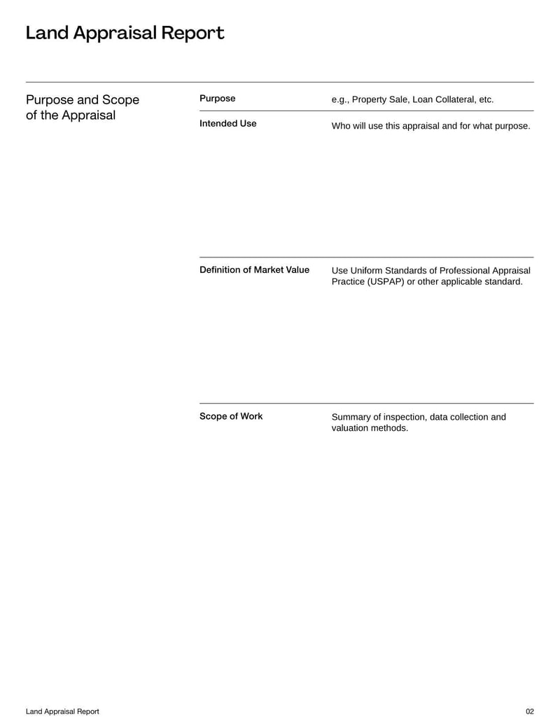Land Appraisal Report Template helps assess the value of a land parcel for purchase, sale, or development decisions