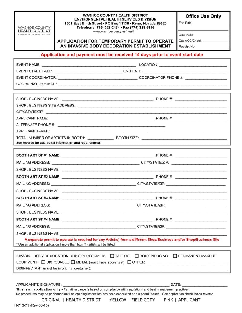 Large thumbnail of Application for Temporary Permit to Operate an Invasive Body Decoration Establishment - May 2015