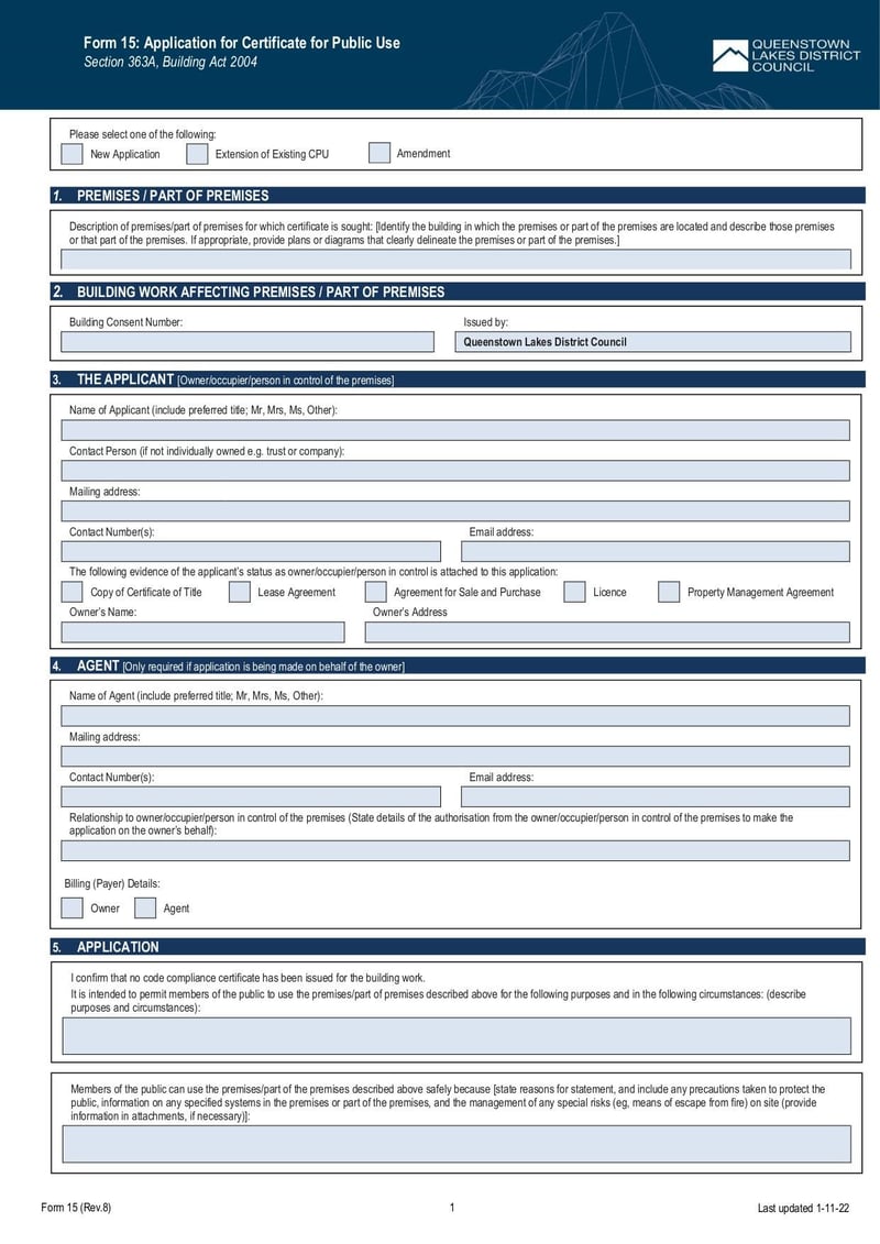 Large thumbnail of Form 15 Application for Certificate for Public Use - Nov 2022